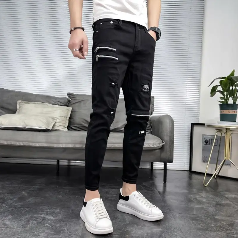 New Arrival Luxury Black Jeans Men\'s Korean Fashion Men Hip-hop Zipper Designer Cowboy Solid Classic Punk Casual Slim Pants