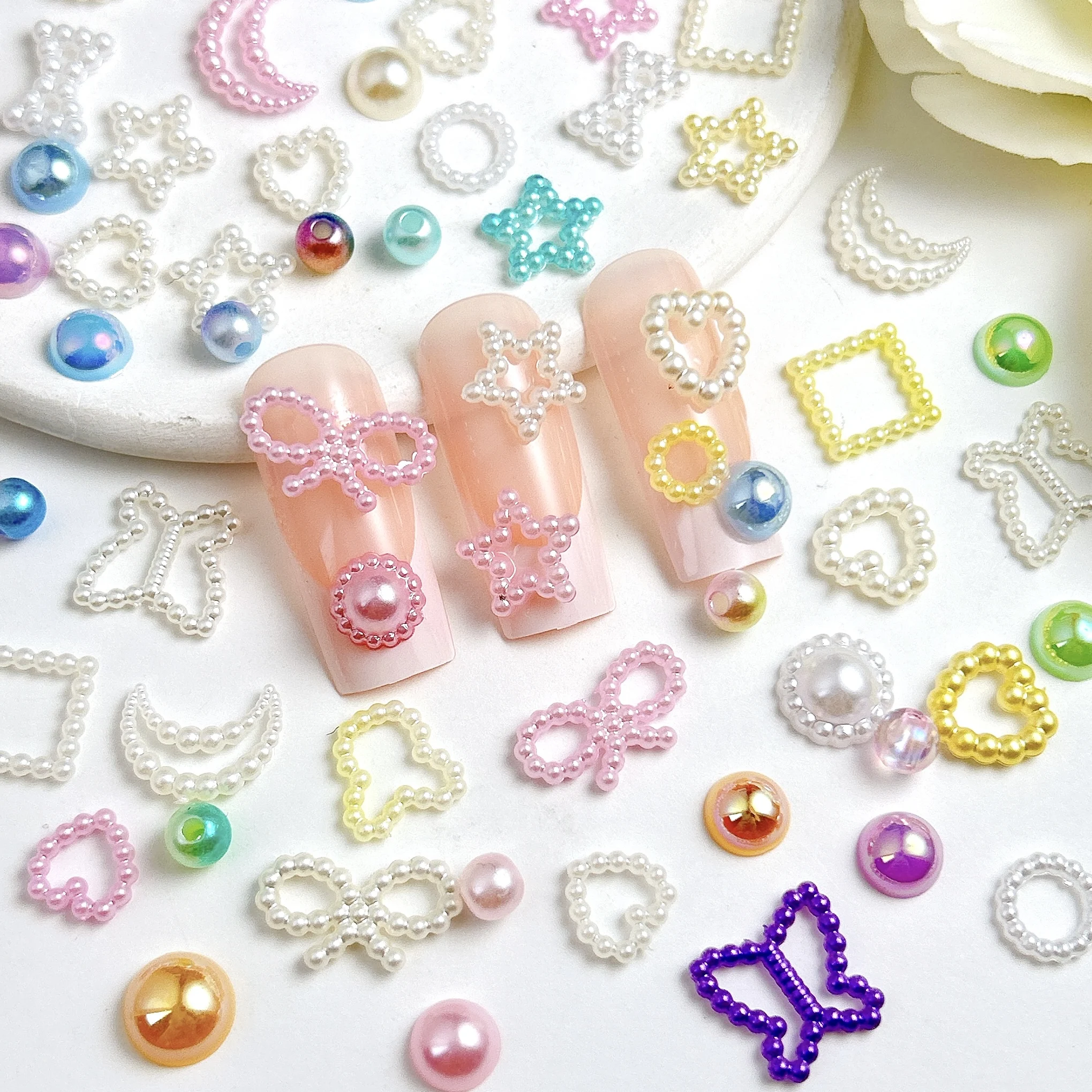Hollowed-out Pearl Butterfly Heart Triangle Nail Charms Minimalist Colorful Glossy Pearls Nail Art Decorations for DIY Manicure