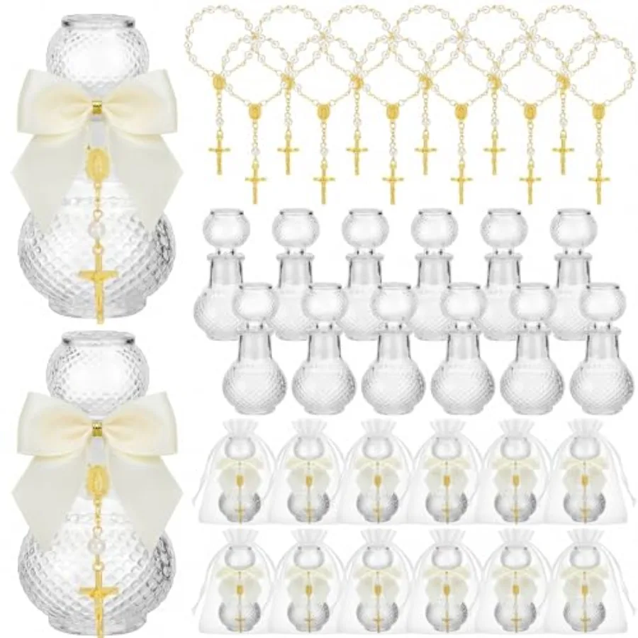 

Sets Holy Water Bottles Baptism Favors for Guest Holy Water Container with Cross Rosary Organza Bag Bow 50ml Glass Empty Contai