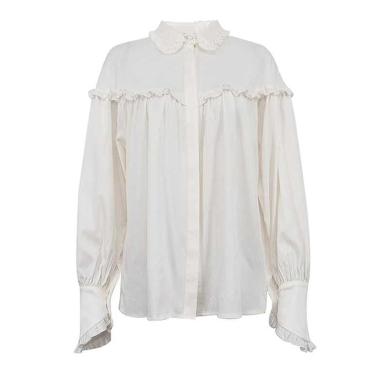 Spring Autumn 2024 Loose White Shirt Women Blouse Solid Turn-down Collar Ruffled Lantern Long Sleeve Vintage Elegant 48905