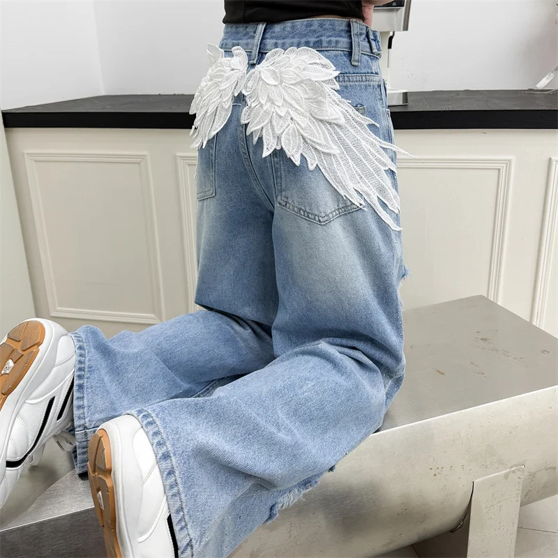 Teenage Girls Fashionable Denim Jeans with Wings Trendy Hole Straight Wide Leg Denim Pants Kids Elastic Waist Hot Deals Trousers