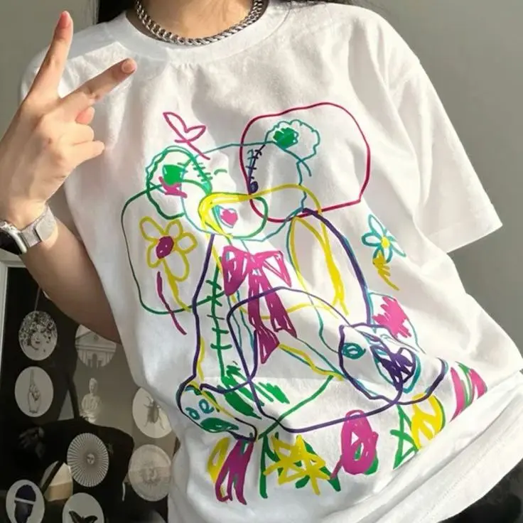 

Dopamine Graffiti American Streetwear Cool Subculture Loose Fun Short Sleeve T-Shirt Unisex Cotton round Neck