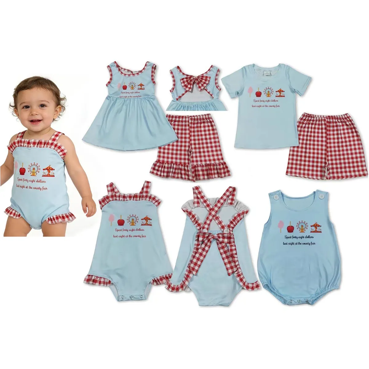 Wholesale Summer Sibling Baby Boys Girls Park Ruffles Shirts Top Red Plaid Shorts Outfits Kids Clothes Set Girl Rompers Matching