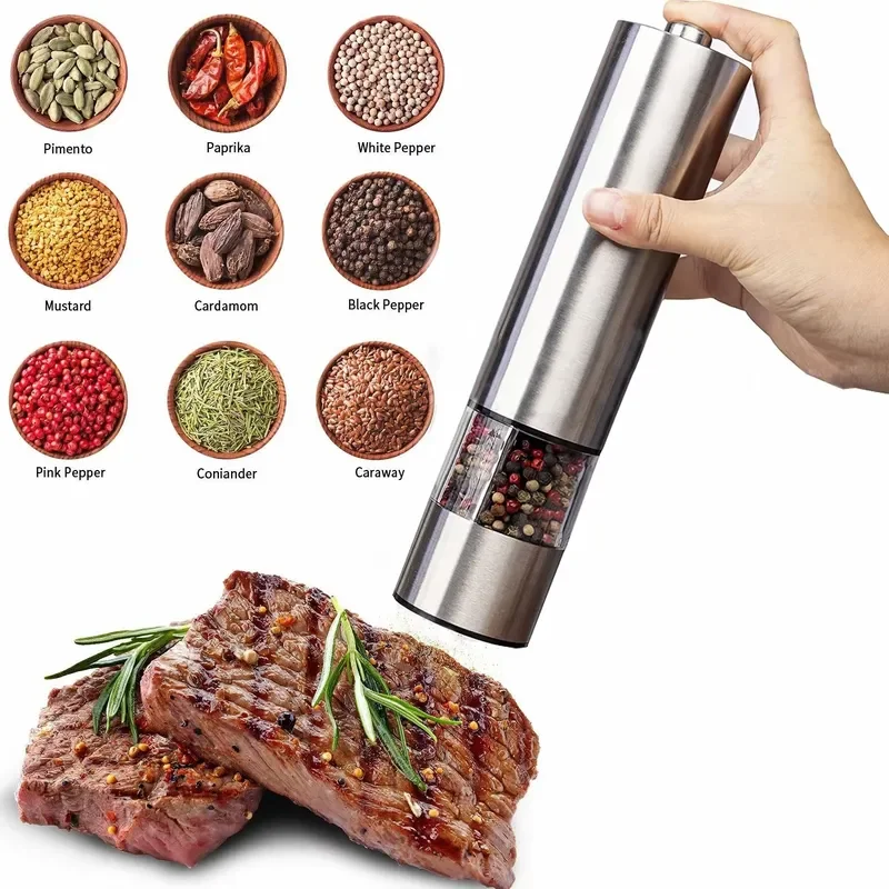 One Hand Operated Spice Grain Mill Portable Stainless Steel Electric Salt Pepper Grinder with LED Light