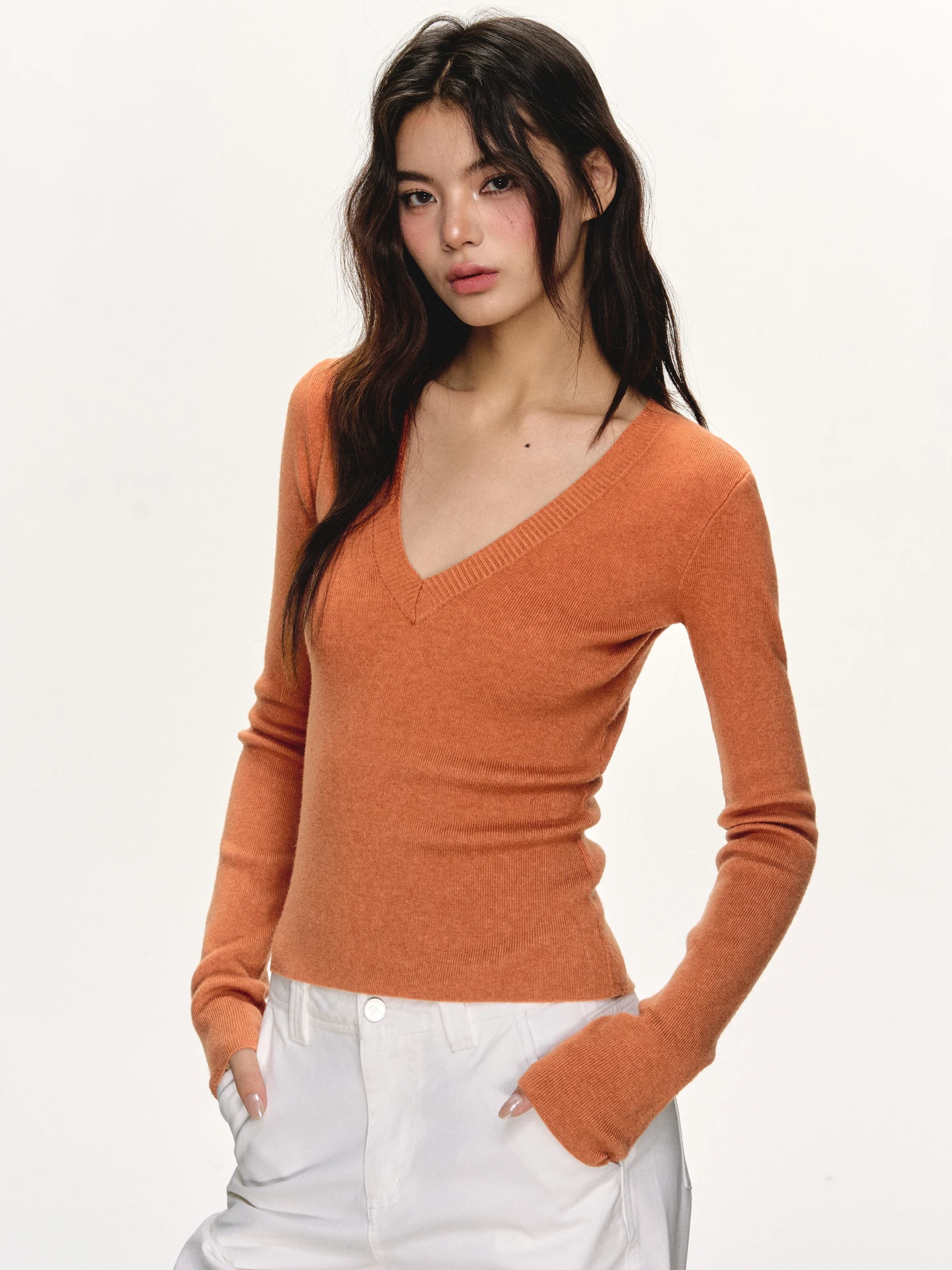 

Anna Aneae Women's Woolen Orange Base Layer Knitted Sweater V-Ne Slim Fit Long Sve Top for Autumn Winter Inner Wear