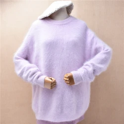 Women Mujer Autumn Winter Clothing Hairy Angora Rabbit Hair Knitted Lazy Oaf O-Neck Long Batwing Sleeves Loose Pullover Sweater