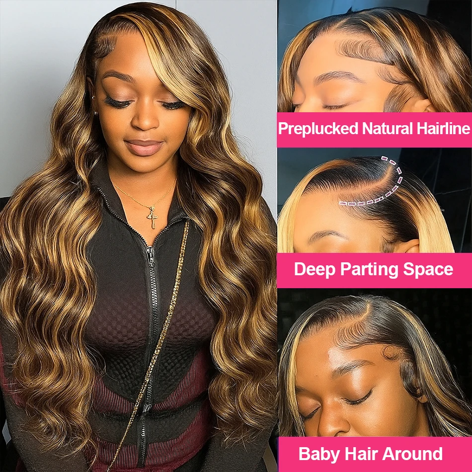 ボディウェーブ 4/27 ハニーブロンド オンブレブラウン カラーレースフロントウィッグ 13x4 ブラジル人毛 透明レースフロントウィッグ 女性用
