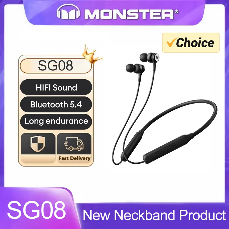 Choice Monster SG08 Bluetooth 5.4 Neckband Headphones High Quality Headset HIFI Sound Earbuds Low Latency Earphones With Mic SH1