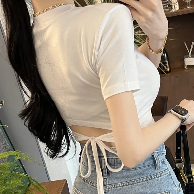 

Удобная и стильная белая футболка Slim Fit с круглым вырезом, новинка от Dongda Gate, женская, с дизайном на завязках.