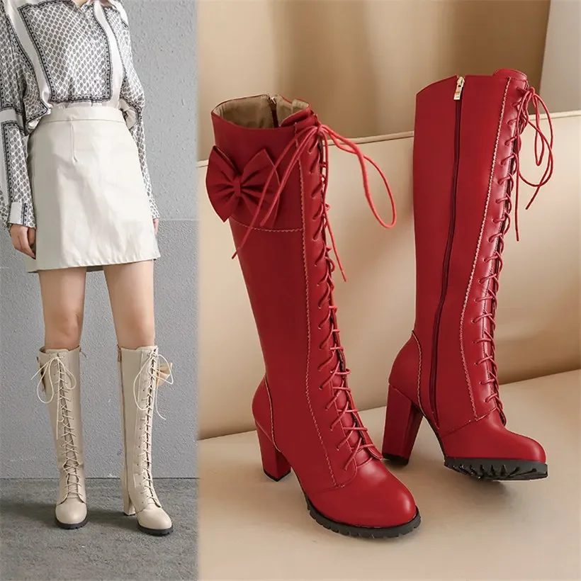 Sweet Pink Bowtie Women Knee-high Boots High Chunky Heels Black Party Ladies Round Toe Lolita Lace-up Zipper Platform Long Boots image 3