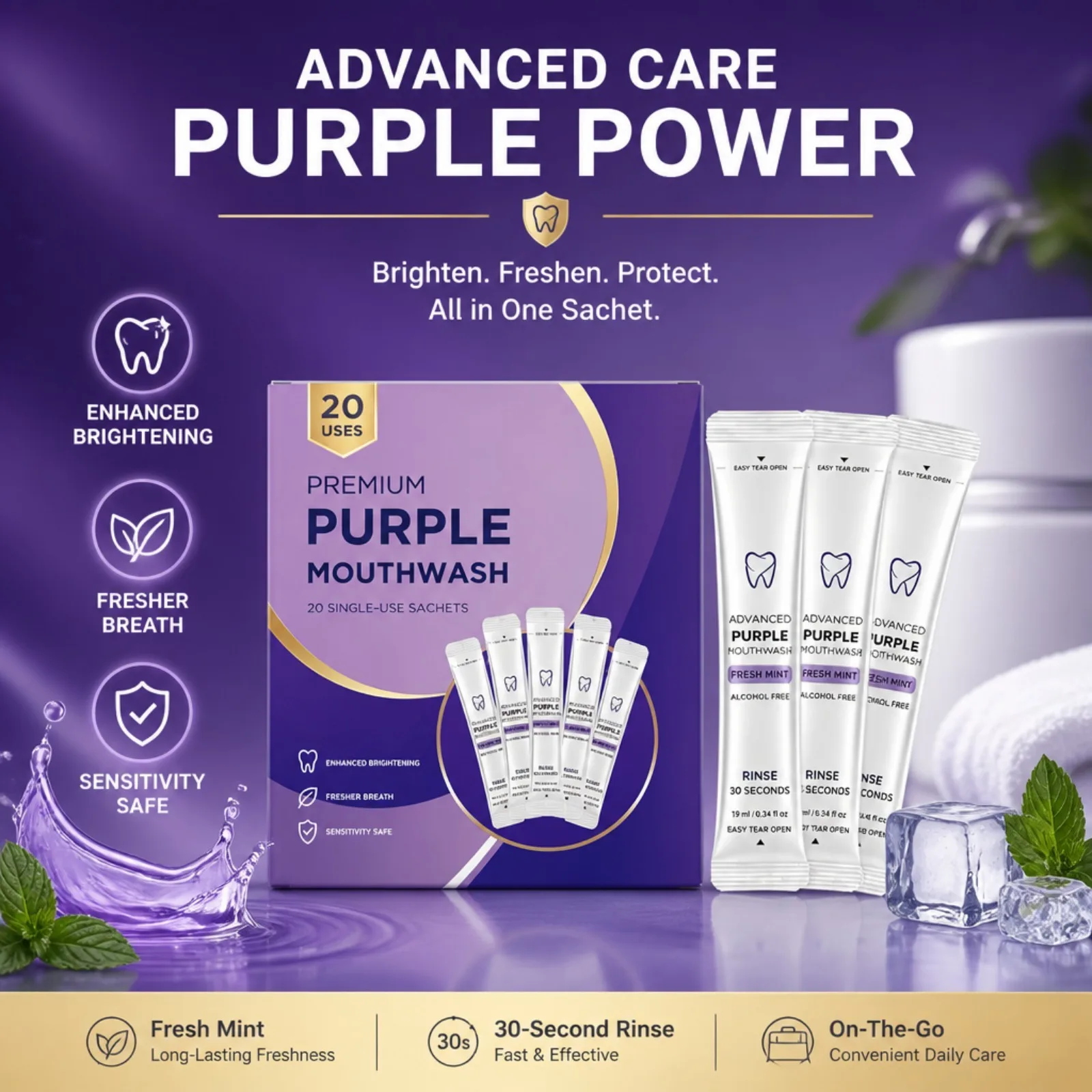 Purple Disposable Mouthwash Alcohol Free Gentle Oral Rinse Travel Portable Breath Freshener For Sensitive Teeth Daily Oral Care
