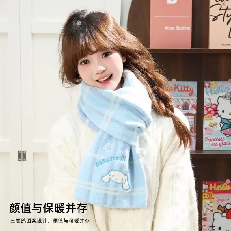 Bufanda Cinnamoroll, bufanda de Hello Kitty, estilo dulce, chica de dibujos animados, estudiante, estilo de invierno al aire libre, bufanda gruesa para mantener el calor a prueba de viento