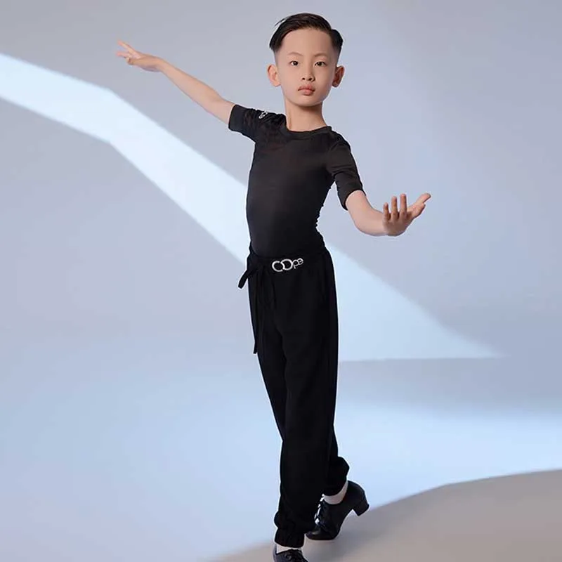 

Boys Latin Dance Set Dancing Competition Suit Tango Samba Rumba Performance Costume Practice Wear Dancer Black Tops Pants MY353