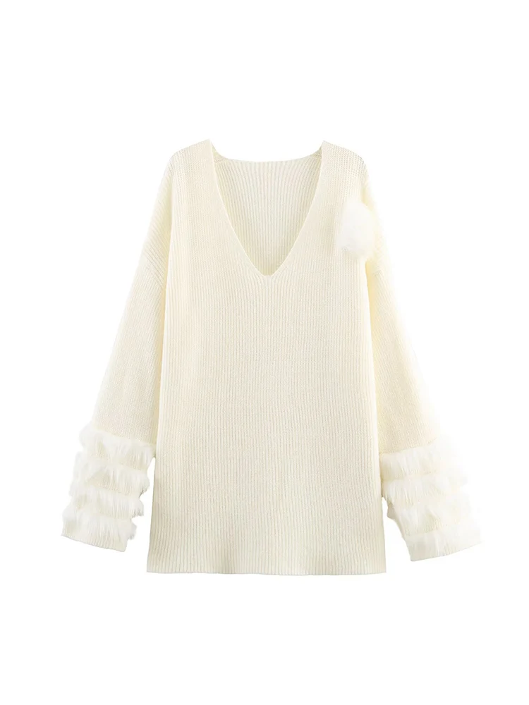 Nuovo abito alla moda da donna in stile europeo con uno stile casual versatile ed elegante, dotato di scollo a V e soffice maglia.