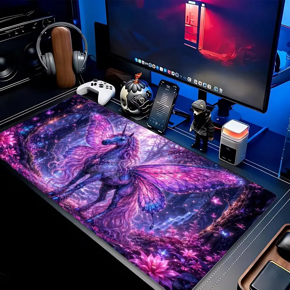 Alfombrilla de Ratón XXL para Juegos, Diseño de Unicornio Alado Mágico y Tiburón Cósmico, Antideslizante, de Goma, para Escritorio, Teclado, con Arte de Fantasía de Mar y Bosque