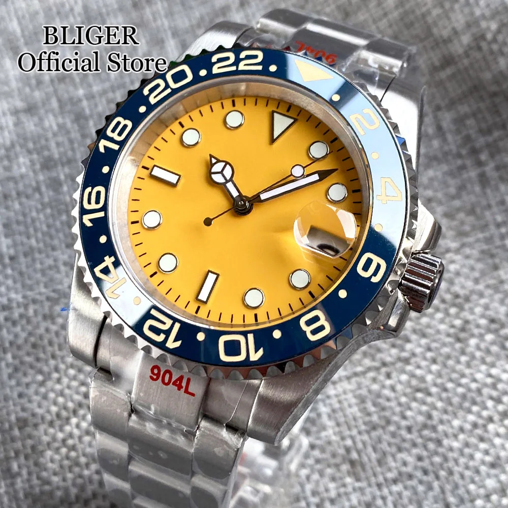 

BLIGER 40mm NH35A Movement Mechanical Automatic Watch For Men Luminous Yellow Dial Ceramics Bezel Insert Steel Bracelet