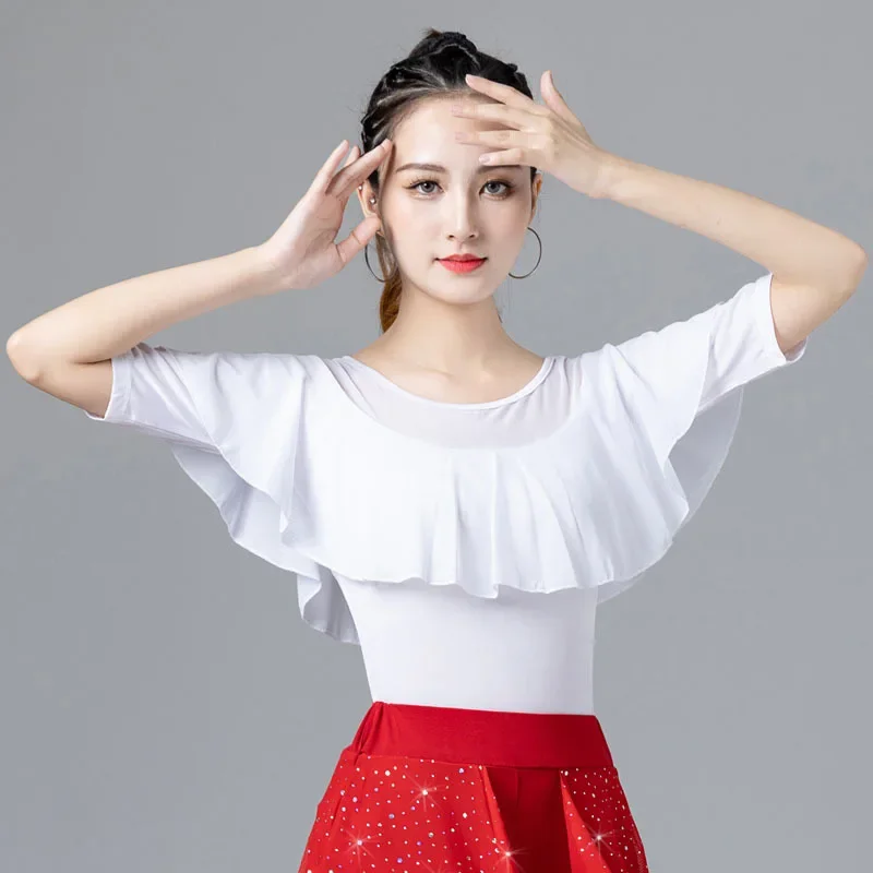 

Modern Dance Top National Ruffle Edge Middle Sleeve Latin Dance Top Competition Performance Practice Clothing