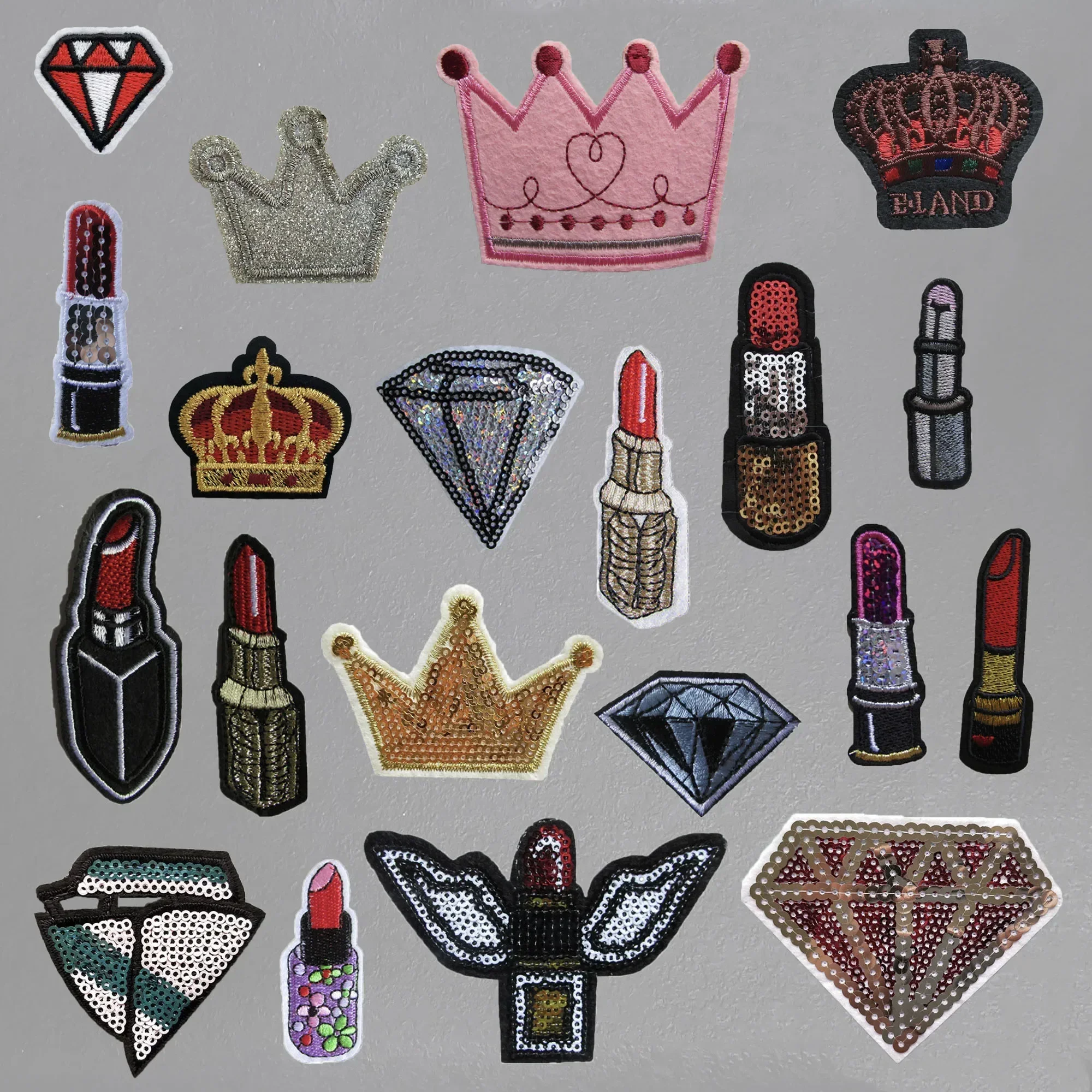 Single sale 1 pcs lipstick crown diamond pattern embroidered fabric patches hot melt adhesive ironing clothing patches