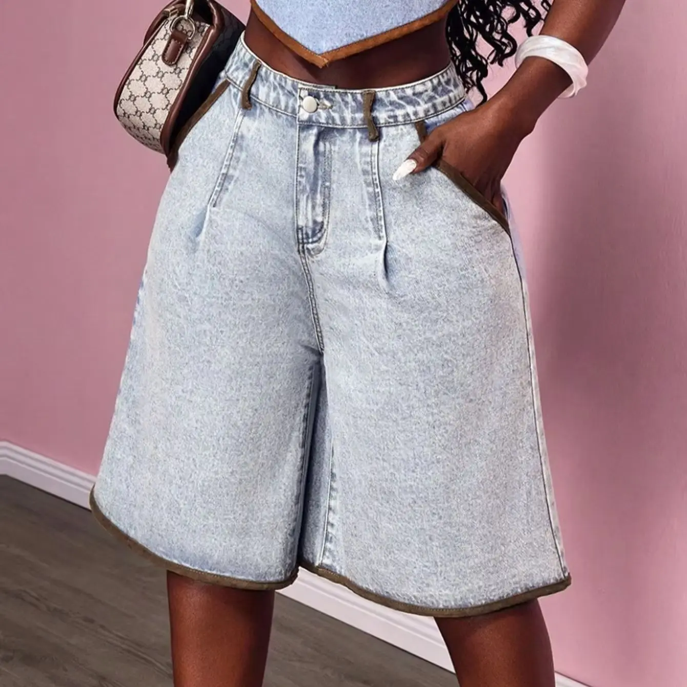 Women's Mid-Rise Distressed Denim Shorts in Light Blue with Color-blocking Edges And Washed Finish Trendy And Chic Short Pants