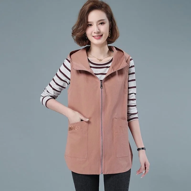 

Women's Khaki Hooded Sleeveless Vest Zip Casual Waistcoat with Pockets for Middle Aged Daily Wear