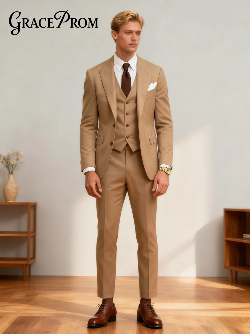 

Формальный однобортный мужской костюм для свадьбы и бизнеса Классический костюм жениха Формальный мужской коричневый пиджак Брюки и жилет