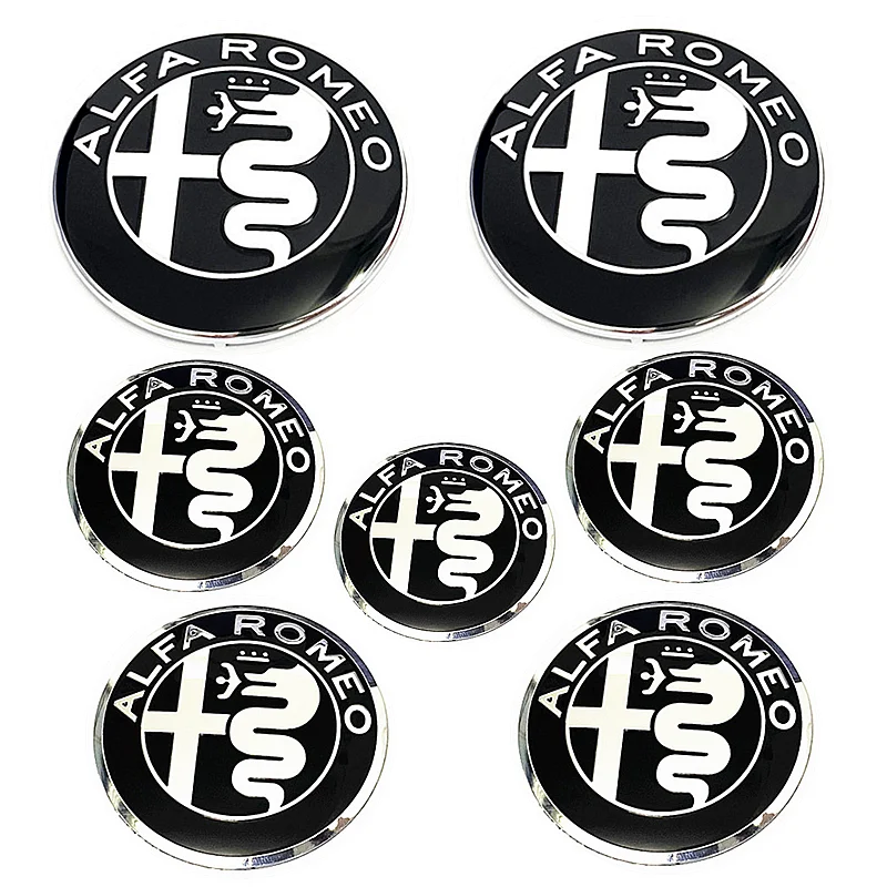 7 Pcs New Black Silver Alfa·Romeo Rim Hub Caps Wheel Center Logo Decal Front Hood Badge Rear Trunk Emblem Steering Wheel Sticker