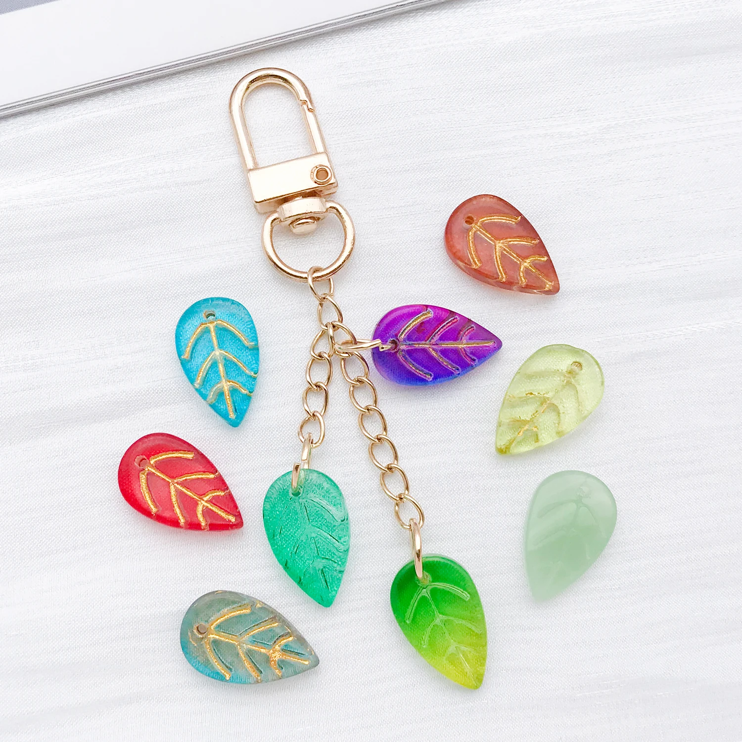 20pcs 11x18mm glass leaf series chams pendants gold-traced edges, suitable for earrings, bracelets, keychains, DIY accessories