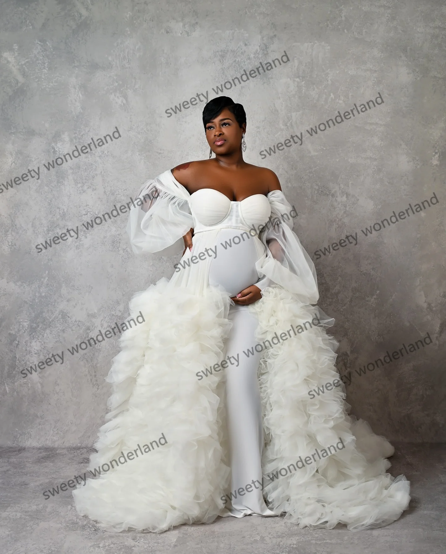 Plus Size Prom Dresses Tulle Ruffled Maternity Photoshoot Dress Lined Baby Shower Gowns Off the Shoulder Long Sleeves Robes