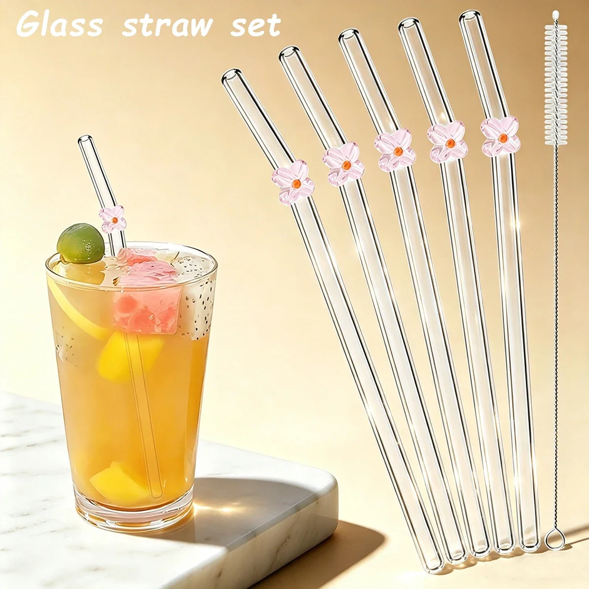 5 Stück Blumen-Glasstrohhalme mit Bürste, wiederverwendbares Strohhalm-Set, transparenter Strohhalm für Milchshakes, Säfte, Kaffee, Tee, Party, Bar-Zubehör