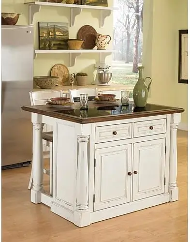 Monarch White Kitchen Island with Granite Top, Black Granite Inset, Two Drawers, and Four Adjustable Shelves