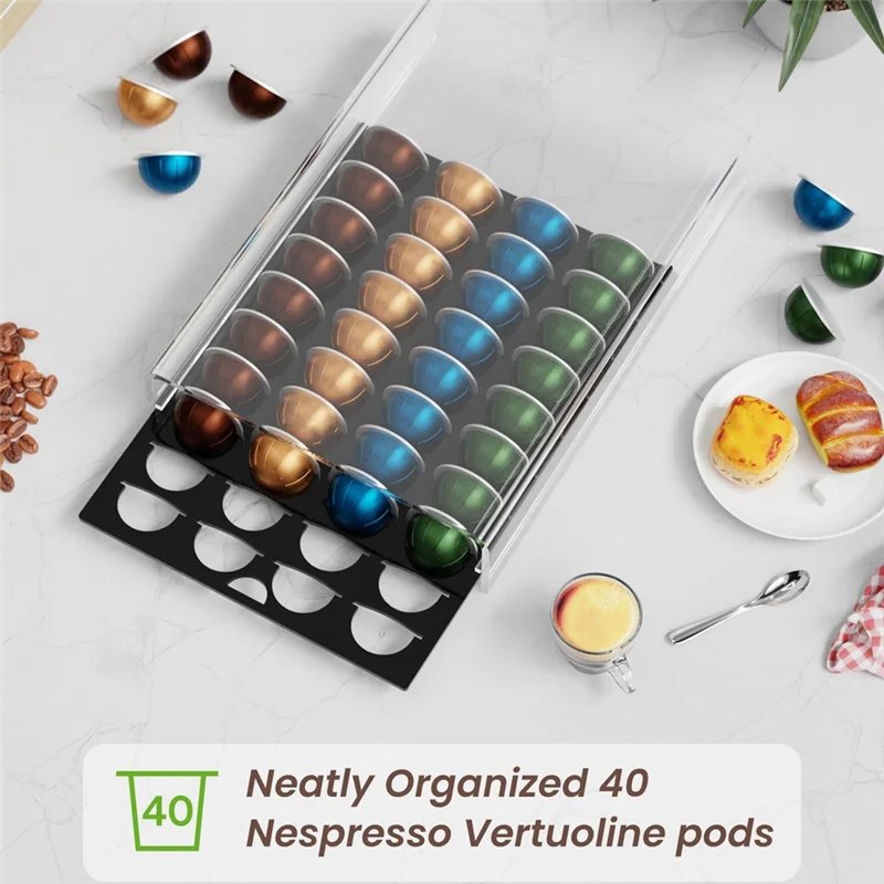 

A15Q-40 Capsule Coffee Pod Holder Acrylic Storage Drawer For Nespresso Vertuo- Elegant Organizer For Kitchen For Counter