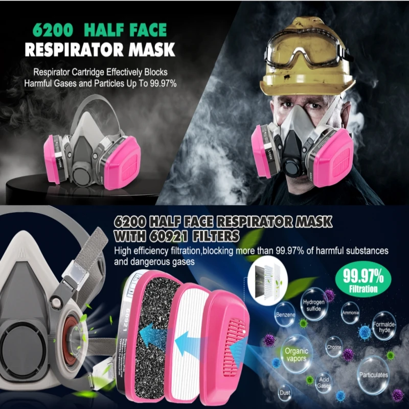 Filter 60921: Half-face gas mask with goggles reusable respirator for spray painting chemical epoxy mask for dust construction c