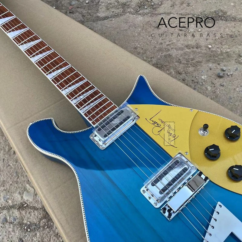 660 Electric Guitar Blue Color 6 String Guitarra Gold Pickguard Trapeze Tailpiece Checkerboard Binding Guitarra view 4