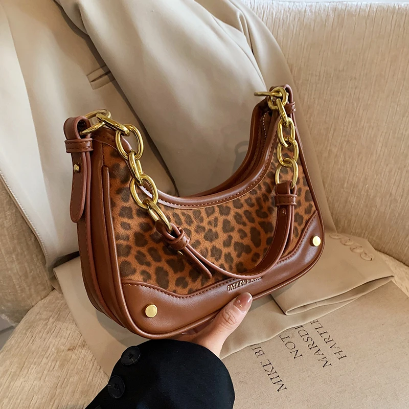 Fashion Underarm Shopper Purse Casual Retro Women Tote Shoulder Bag Female Clutches Thick Chain Handbag Leopard Printing Bags