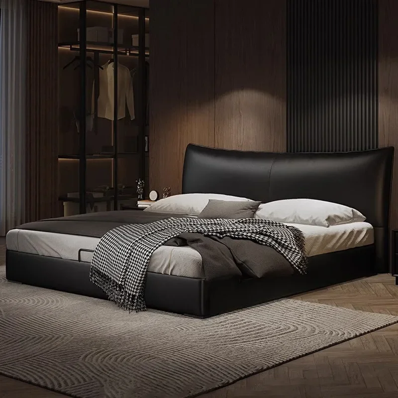 Leather bed master bedroom first layer cowhide Italian minimalist storage bed, modern simple small apartment double bed