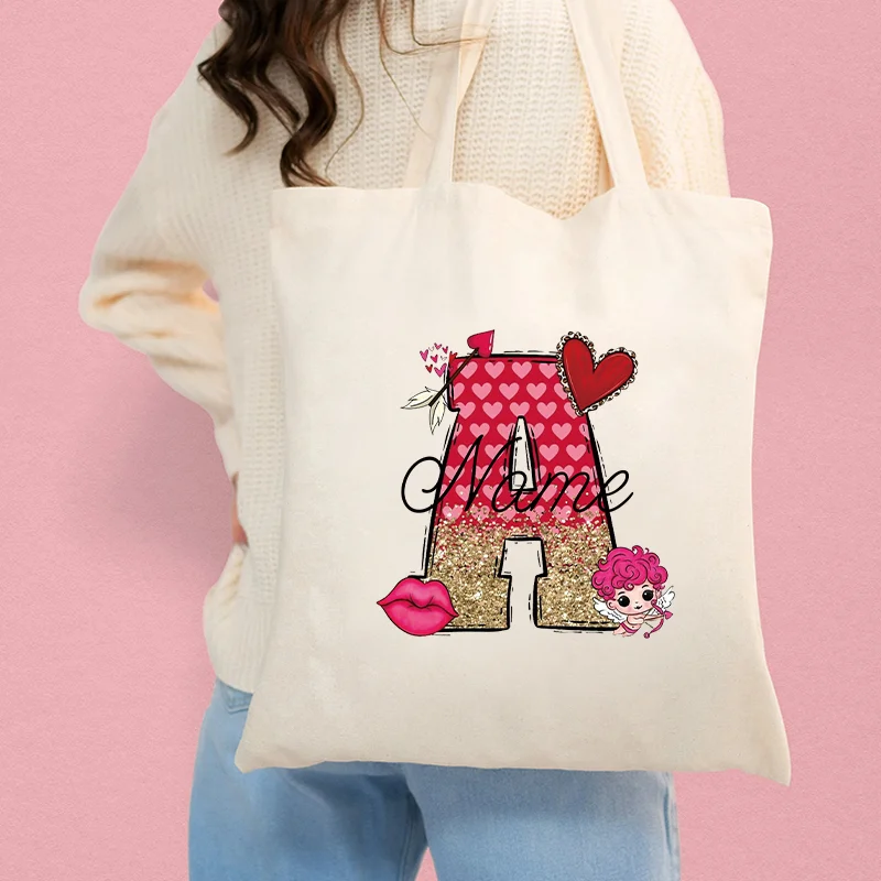 Initial Letter Custom Name Women Tote Bags Valentine Handbag for Women Canvas Foldable Shopping Bag for Girlfriend Ladys Pouch