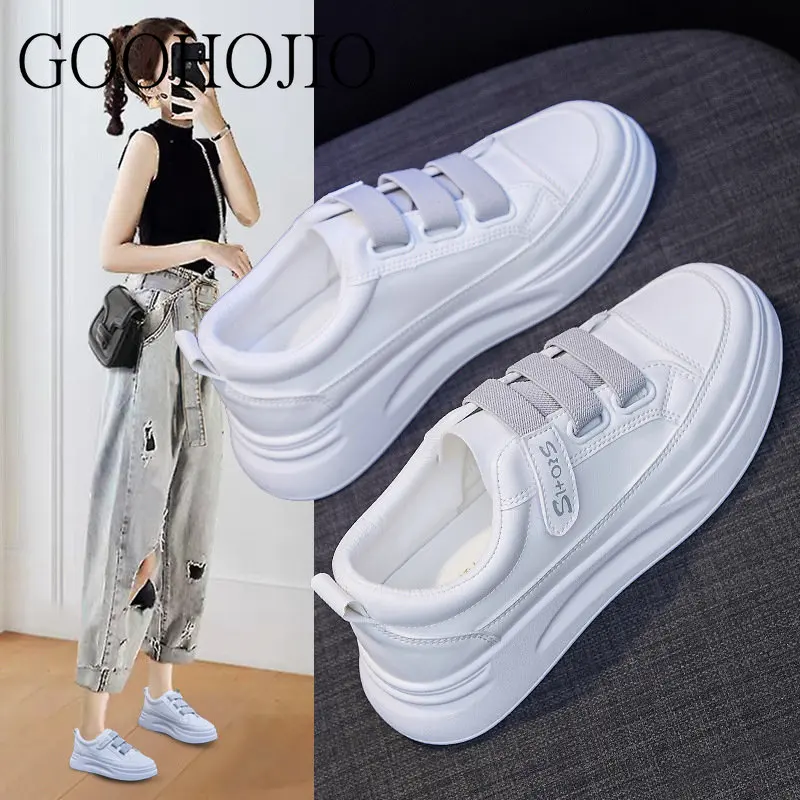 Sneakers College Style White Shoes Women Vulcanize Shoes Light Thick-soled Casual Shoes Hook & Loop Women Comfortable Breathable