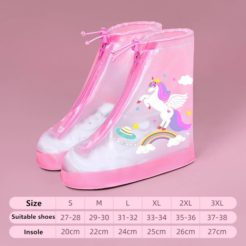 1 set Non-slip Waterproof Rain Shoe Covers Solid Rain Shoes Kids Cartoon Unicorn Galoshes Zip PVC Rain Shoes