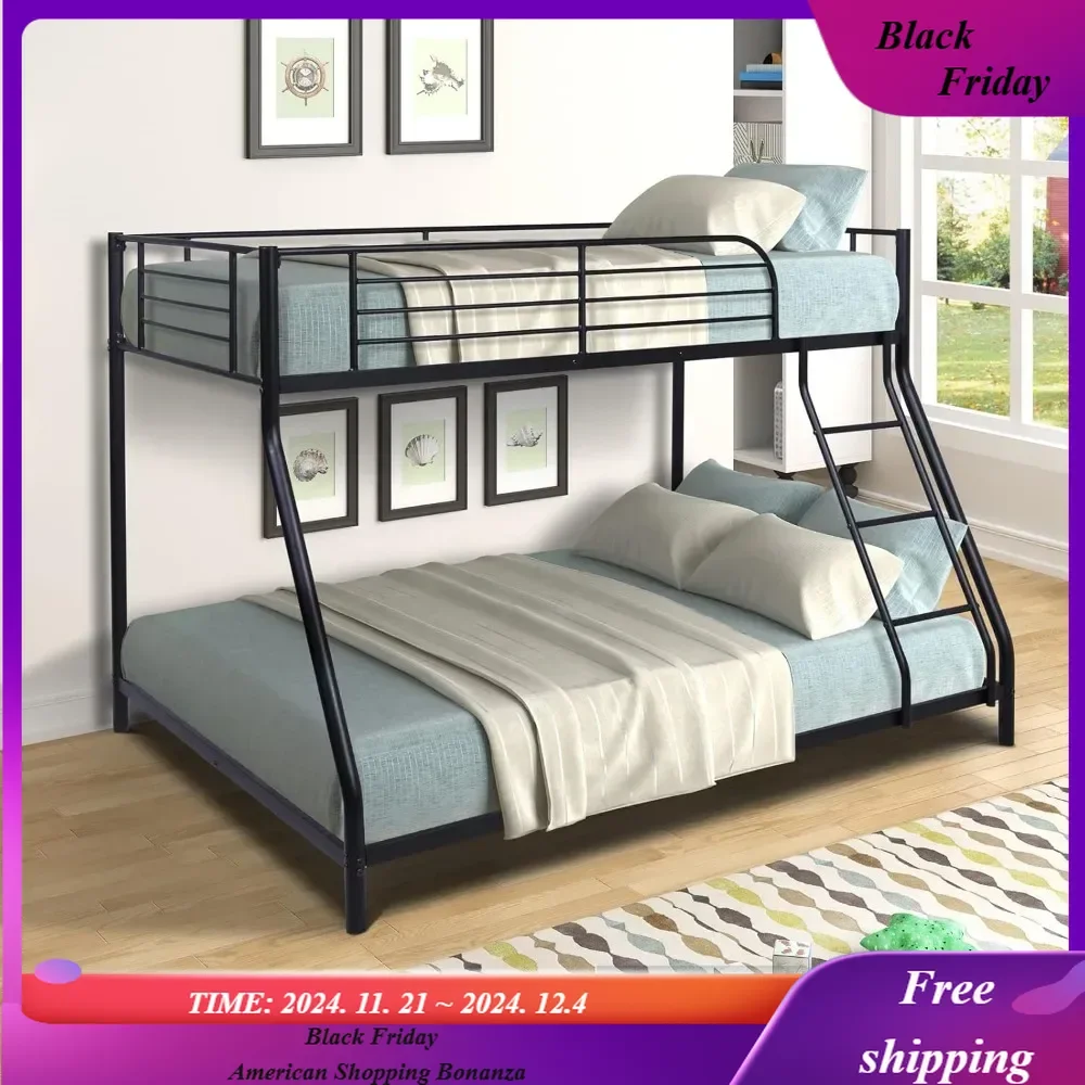 

Bunk Beds Twin Over Full, Heavy Duty Metal Bed Frame with Safety Rail and Ladder for Dormitory Bedroom Boys Girls Adults