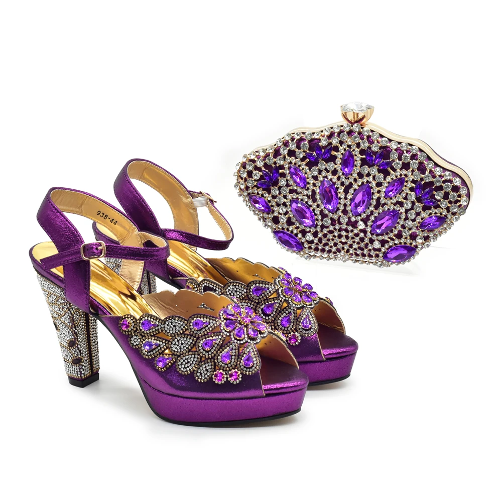 Designer Italian Woman Shoe and Bag Decorated with Rhinestone Purple Shoes and Bags Sets High Heels Wedding Shoes Bride