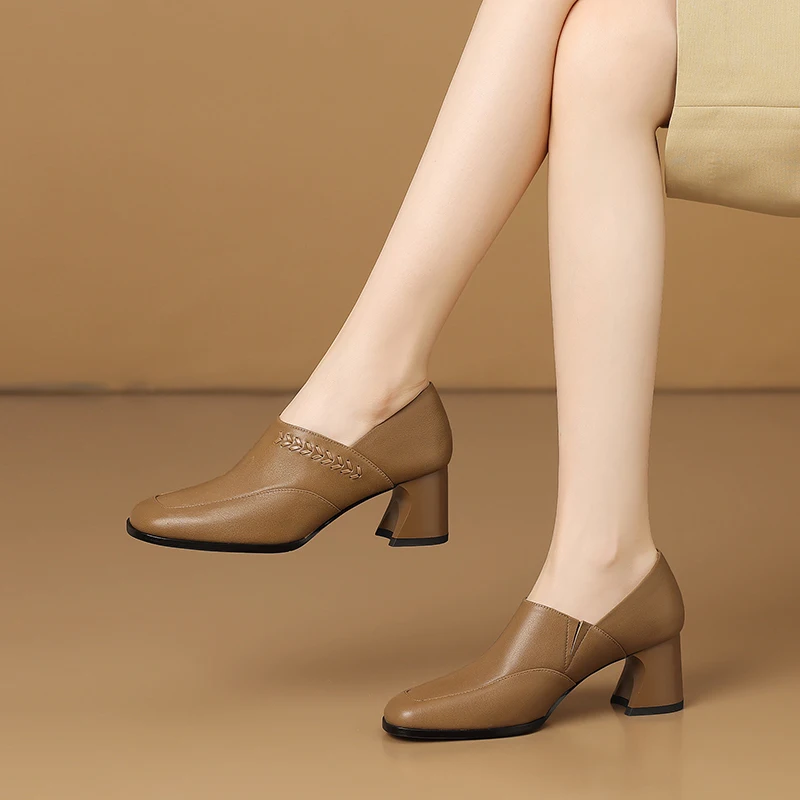 

Genuine Leather Square Toe Chunky Heel Pumps Deep Mouth Formal Shoes for Women