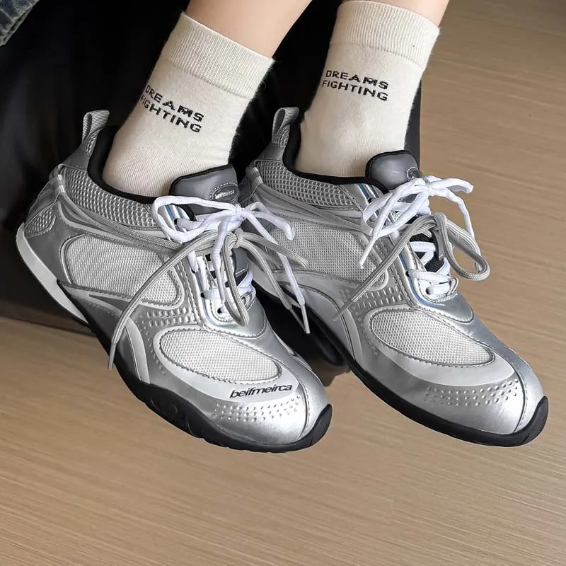 

Men's Silver Racing Sneakers Breathable Mesh Running Shoes Blue Accents Lightweight Sport Trainers Casual Walking Shoes 2026 New