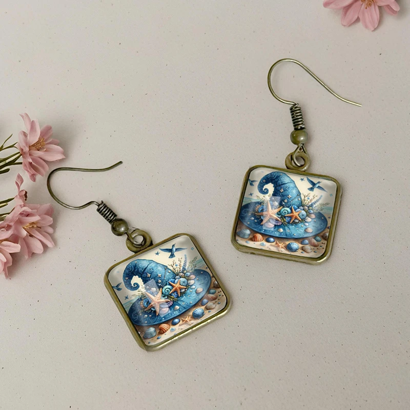 2025 New Starfish Witch Hat Square Earring Retro Glass Dangle Earrings Handmade Jewelry Gift