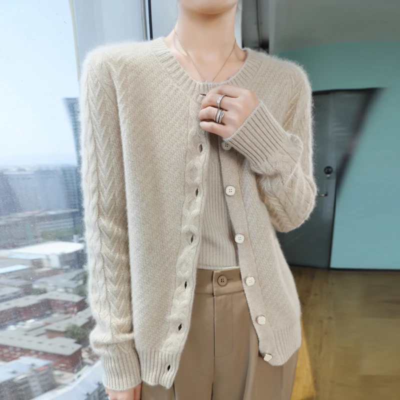 2024New Women's Classic Australian Pure Wool Round Neck Knitted Cardigan Long Sleeve Button Casual High Quality Knitted Sweater 5