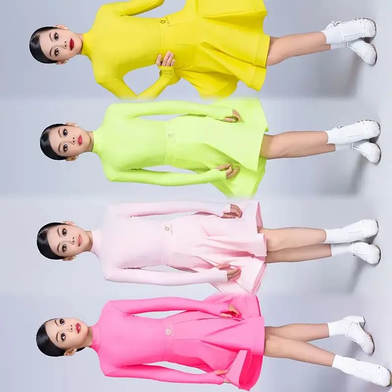 

Цветное платье, танцевальная одежда для ча-ча-румбы, платье для латинских танцев для девочек, профессиональная одежда для соревнований, флуоресцентная одежда с длинными рукавами