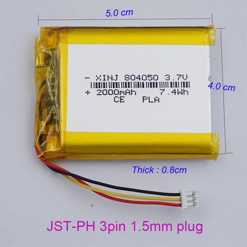 Rechargeable LiPo Battery 804050 3.7V 2000mAh 7.4Wh with NTC Thermistor JST 3Pin 1.5mm Plug for GPS Camera Tablet PC