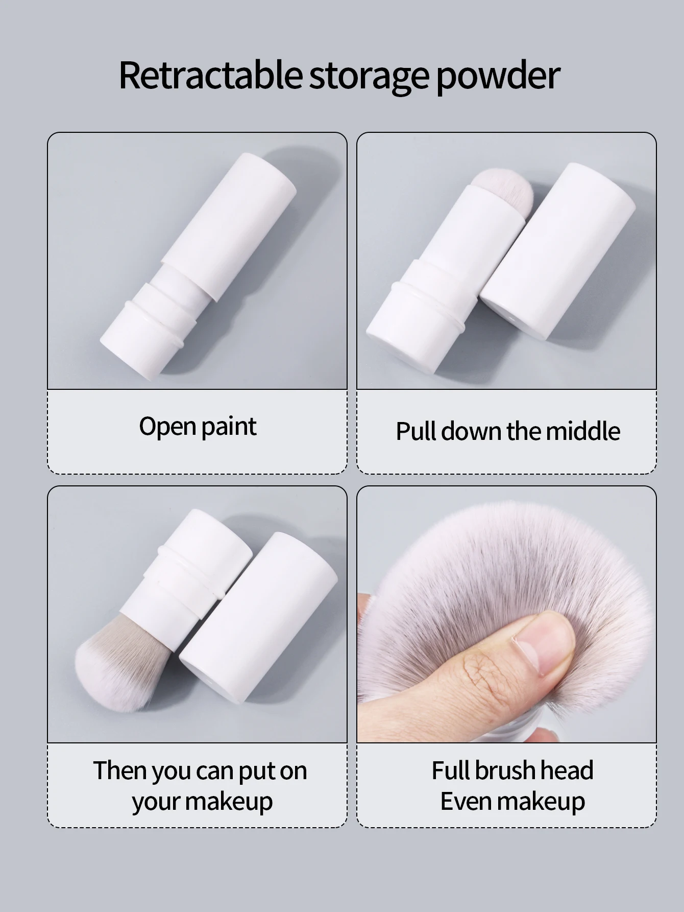 De 3-delige make-upborstelset bevat een zachte gezichtsborstel, een waaiervormige poederdons en een intrekbare blushborstel als schoonheidstools