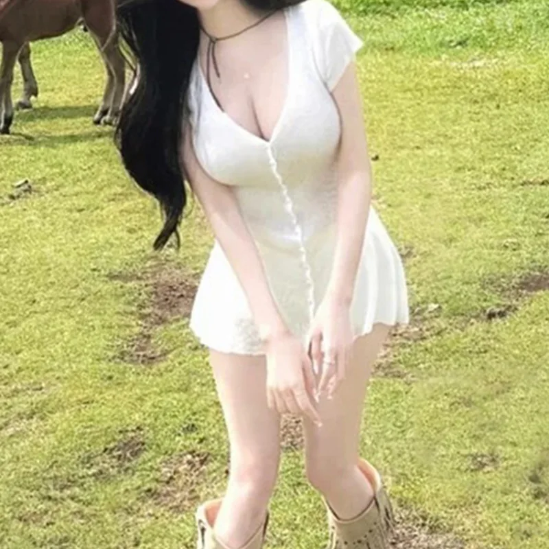 الكورية ضئيلة مثير المؤنث الرغبة النقية الخامس الرقبة قصيرة واحدة الصدر قصيرة الأكمام محبوك فستان أنيق موضة النساء 35MN