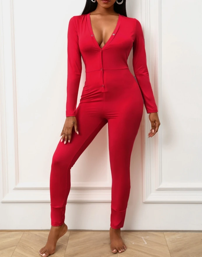 Women's Christmas Jumpsuit 2025 Autumn Winter Latest Sexy V-Neck Long Sleeve Functional Buttoned Flap Adults Pajamas One Piece