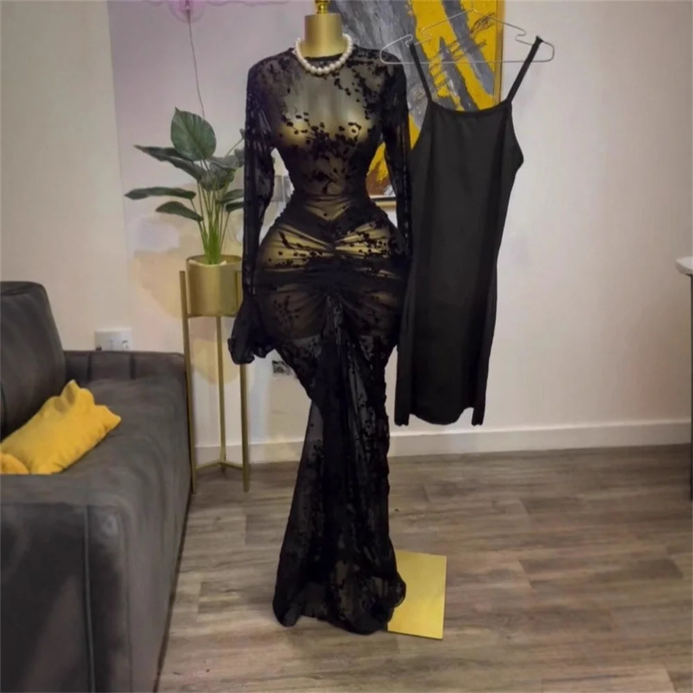 

High Quality Women Long Sleeve Stretch Mesh Transparent Maxi Elegant Dress Celebrity Birthday Club Sexy Party Cocktail Dresses